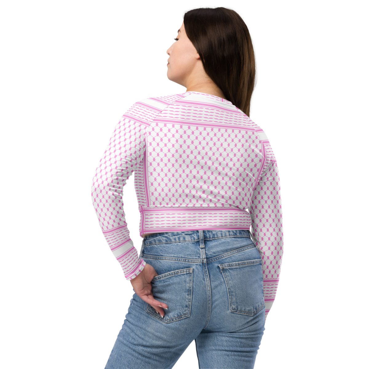 Baby Pink Kufiya (Keffiyeh) recyklovaný crop top s dlouhým rukávem