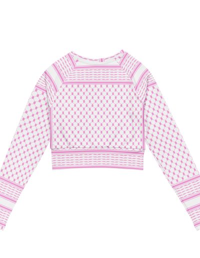 Baby Pink Kufiya (Keffiyeh) recyklovaný crop top s dlouhým rukávem