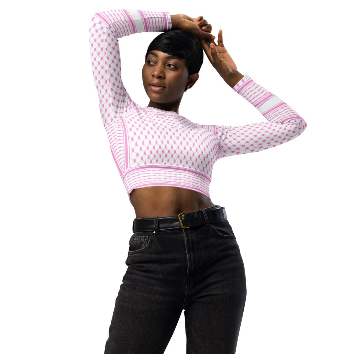 Baby Pink Kufiya (Keffiyeh) recyklovaný crop top s dlouhým rukávem