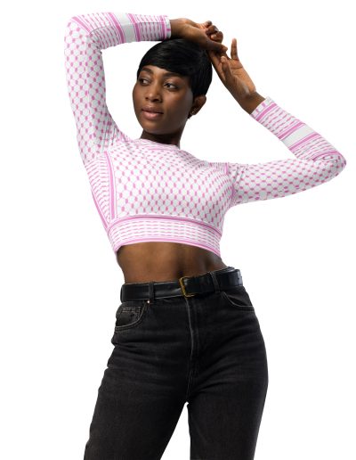 Baby Pink Kufiya (Keffiyeh) recyklovaný crop top s dlouhým rukávem