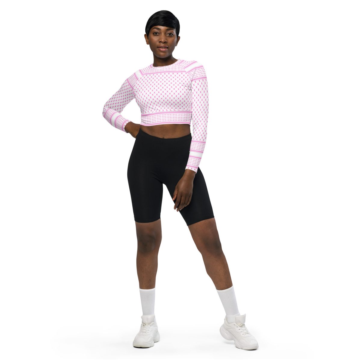 Baby Pink Kufiya (Keffiyeh) recyklovaný crop top s dlouhým rukávem