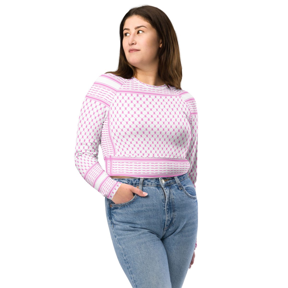 Baby Pink Kufiya (Keffiyeh) recyklovaný crop top s dlouhým rukávem