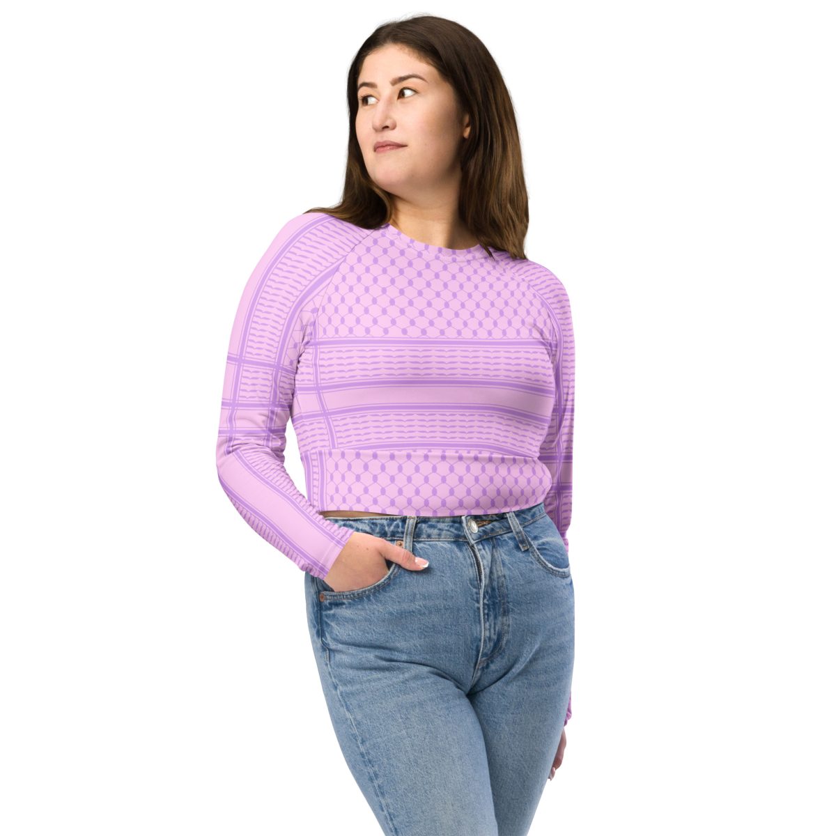 Lilac Kufiya (Keffiyeh) recyklovaný crop top s dlouhým rukávem