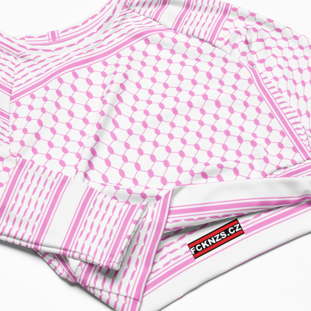 Baby Pink Kufiya (Keffiyeh) recyklovaný crop top s dlouhým rukávem