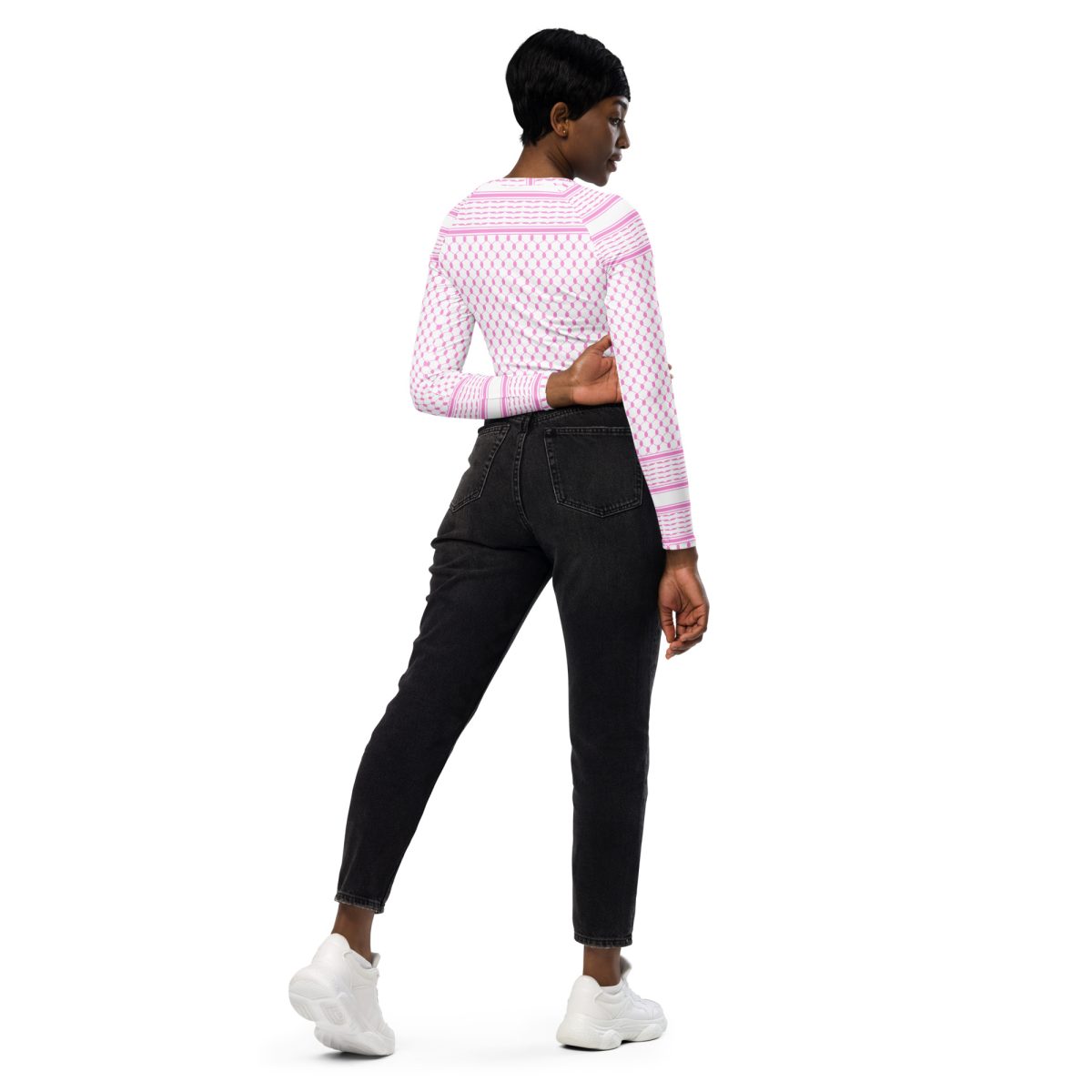 Baby Pink Kufiya (Keffiyeh) recyklovaný crop top s dlouhým rukávem